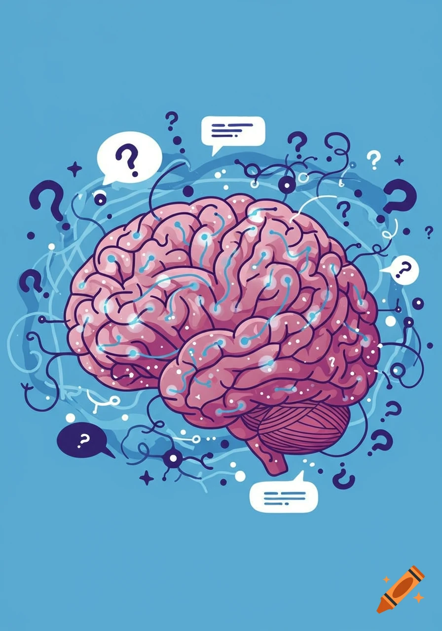 Stylized illustration of a brain surrounded by question marks and thought bubbles on blue background.