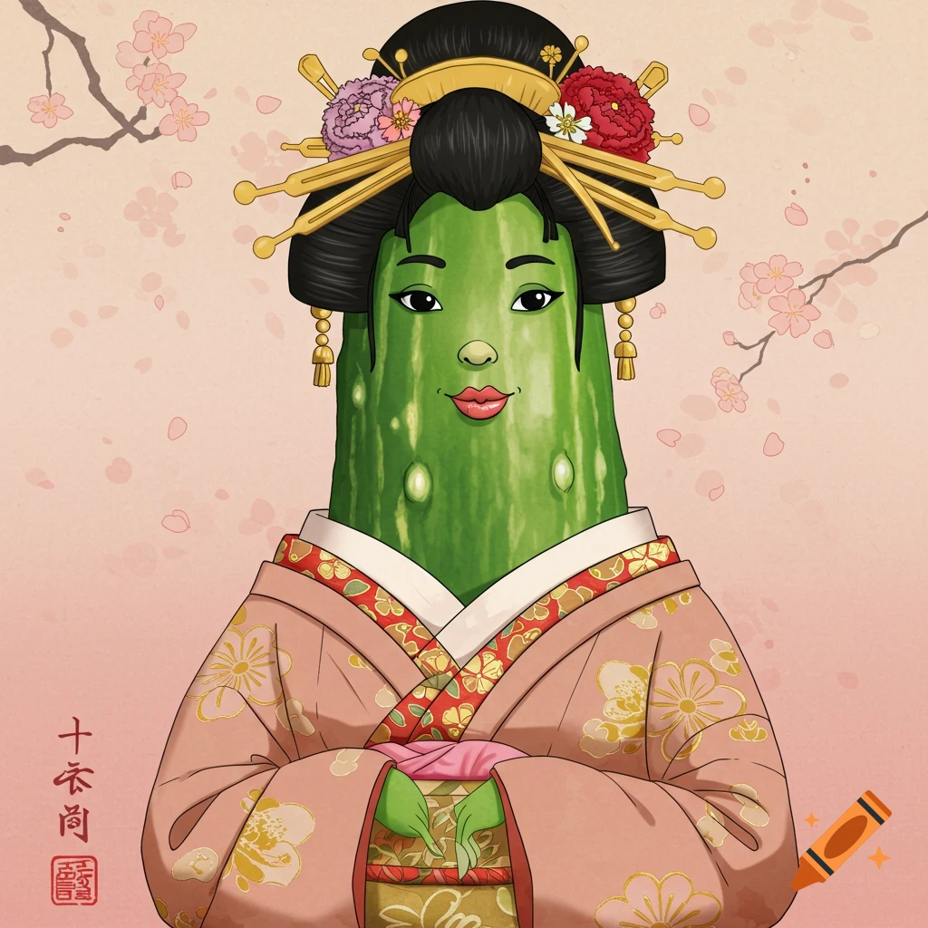 An illustration of a cucumber dressed as a Japanese geisha against a pink background with cherry blossoms.