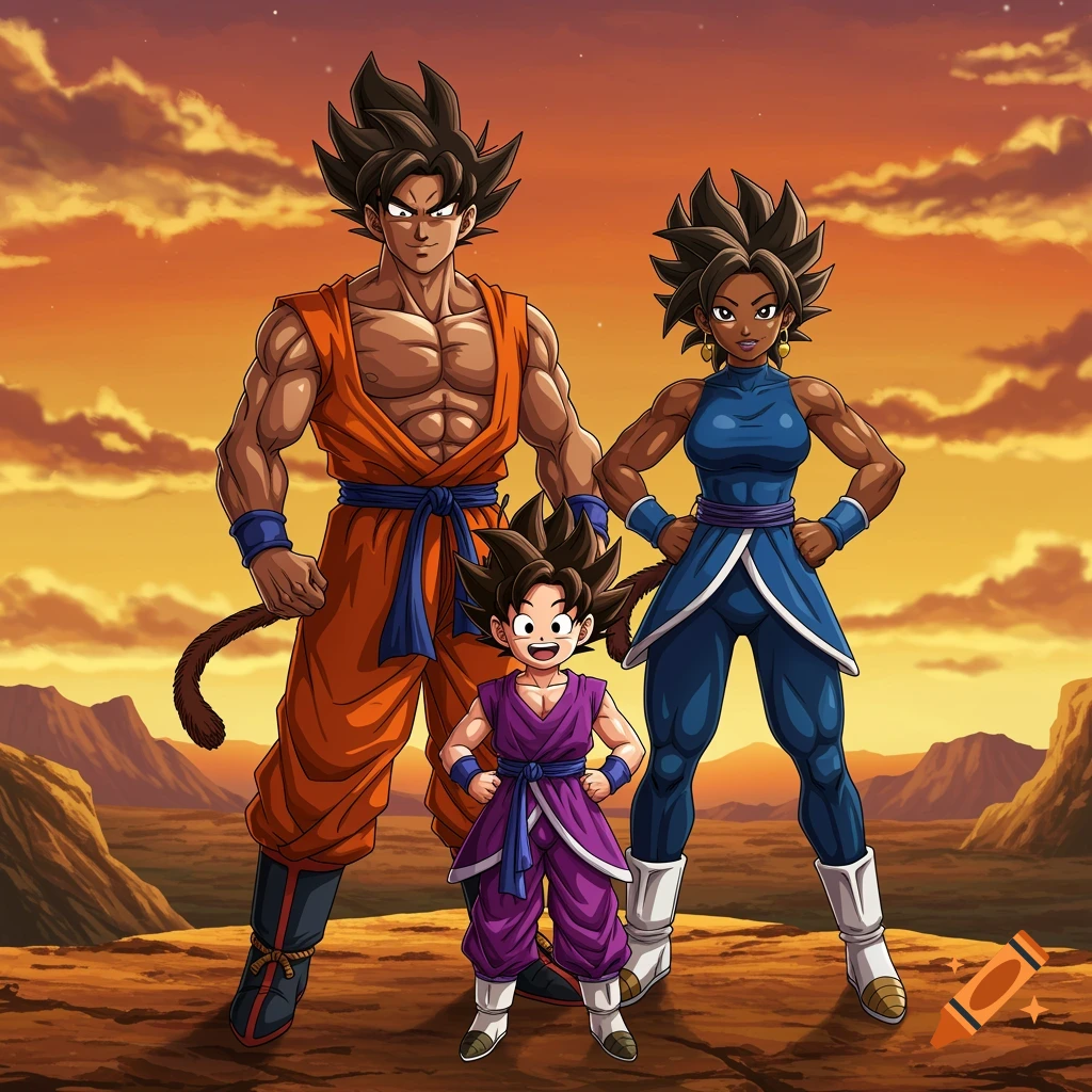 Dragon Ball Z style family portrait at sunset