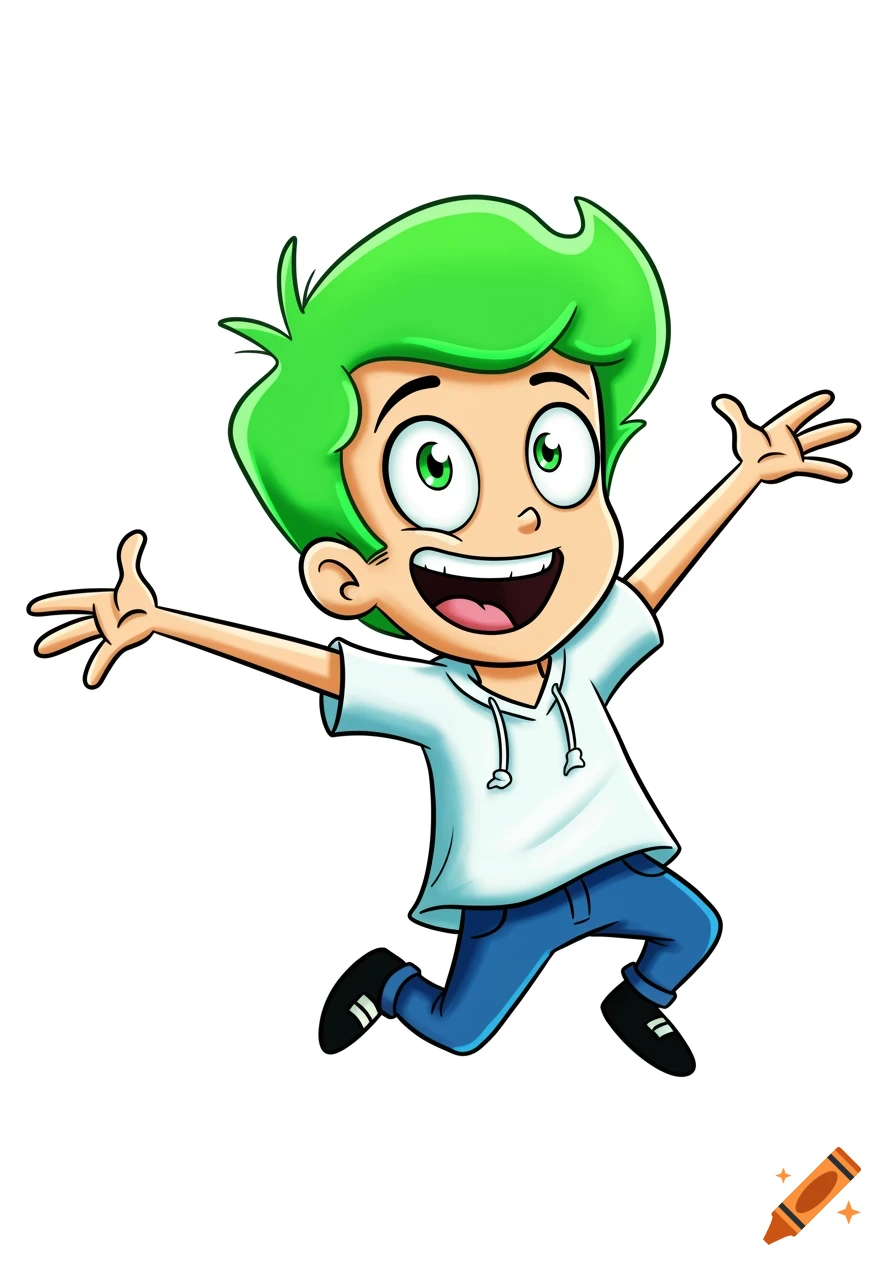 Cartoon boy with green hair jumping excitedly