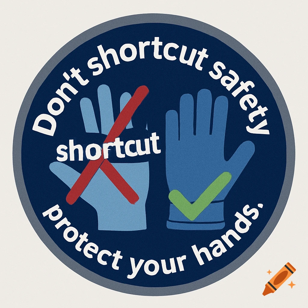 Round safety sticker illustration with two hands, one with a red X and 'shortcut', the other gloved with a green check. Text says 'Don't shortcut safety protect your hands.'.