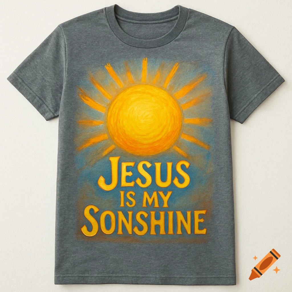 A gray t-shirt with a bright yellow sun design and the text "Jesus Is My Sonshine" printed in yellow.