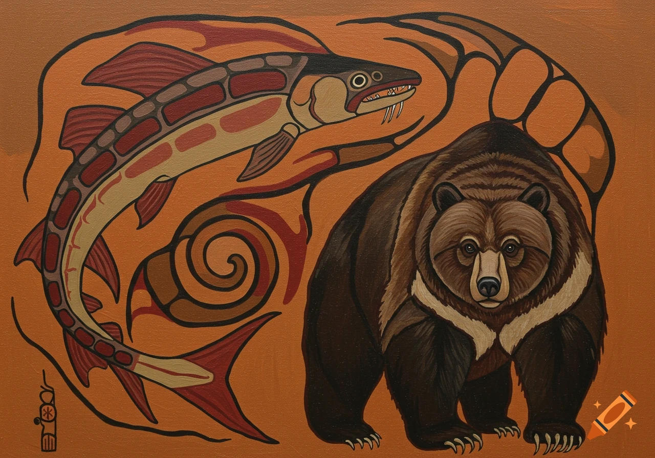 A bear and a fish depicted in the stylized Woodland art style.
