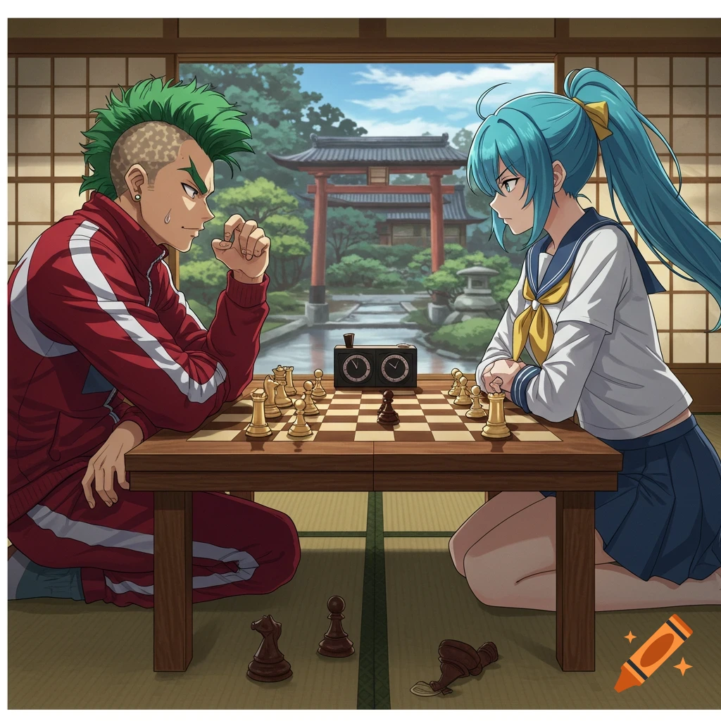Anime characters play chess in a traditional Japanese room overlooking a garden.
