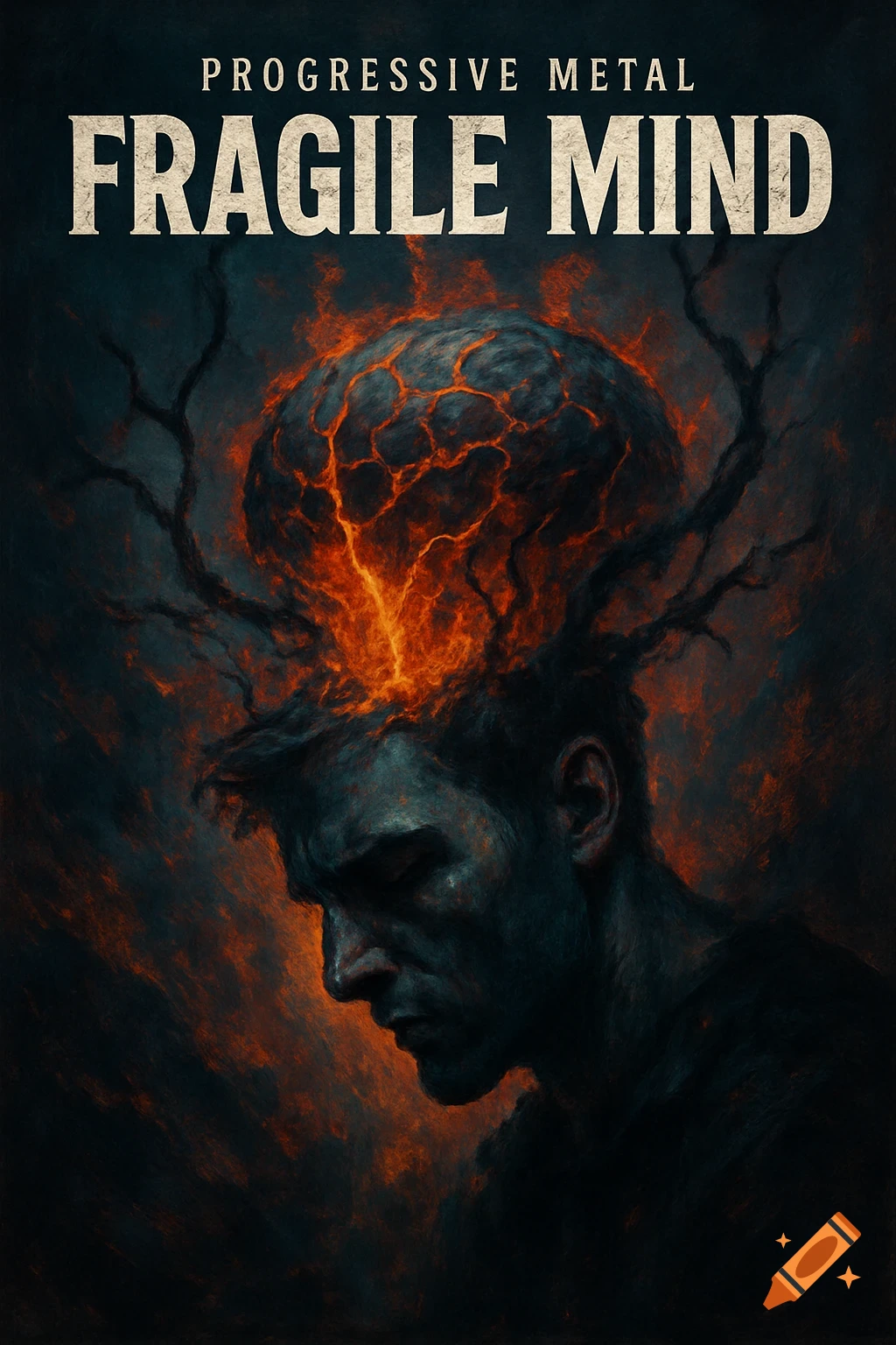 Dark art album cover showing a person with a glowing, cracked brain with branches, text reads 'PROGRESSIVE METAL FRAGILE MIND'.