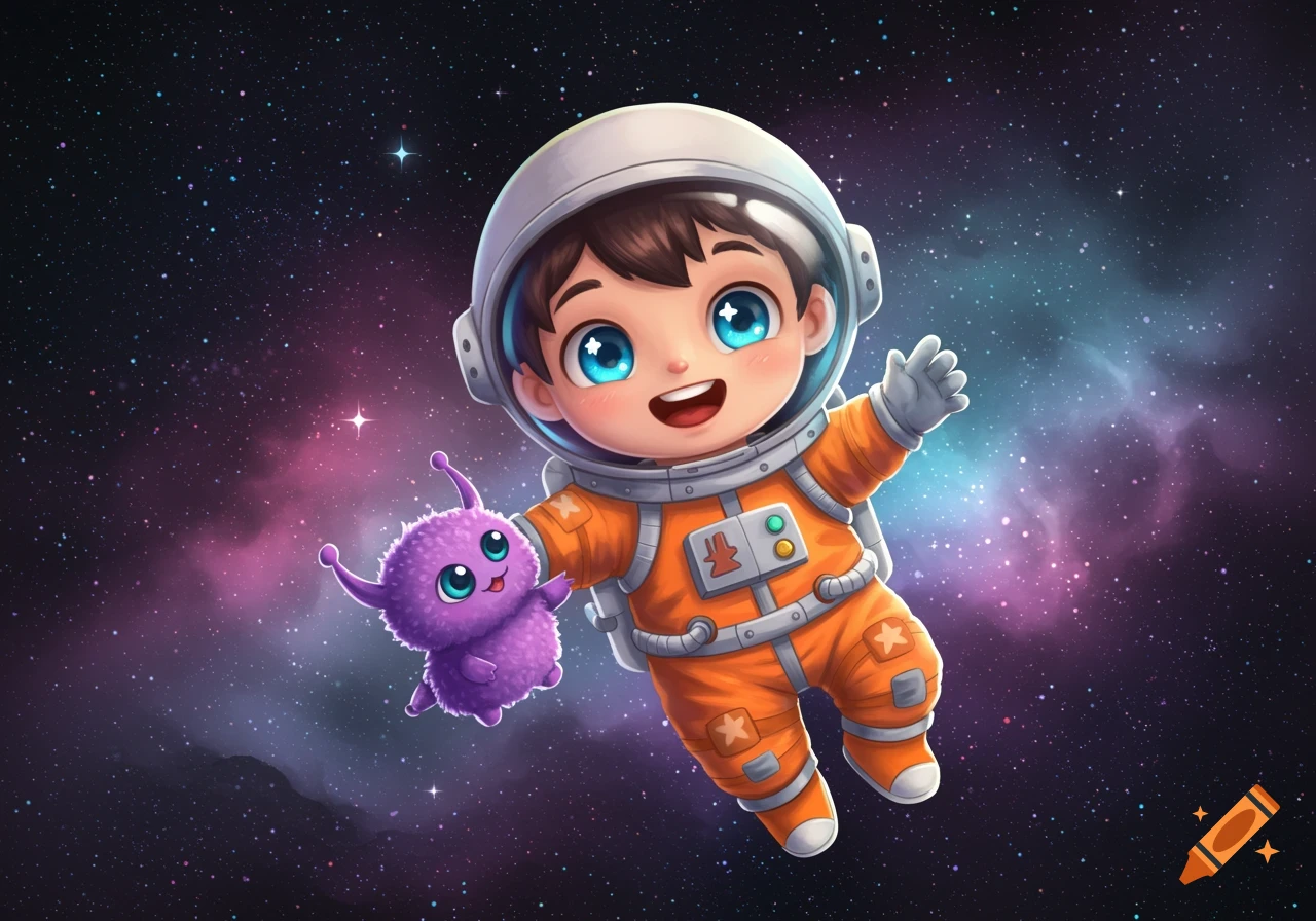 Cute cartoon boy in an orange astronaut suit floats in space with a small purple alien.