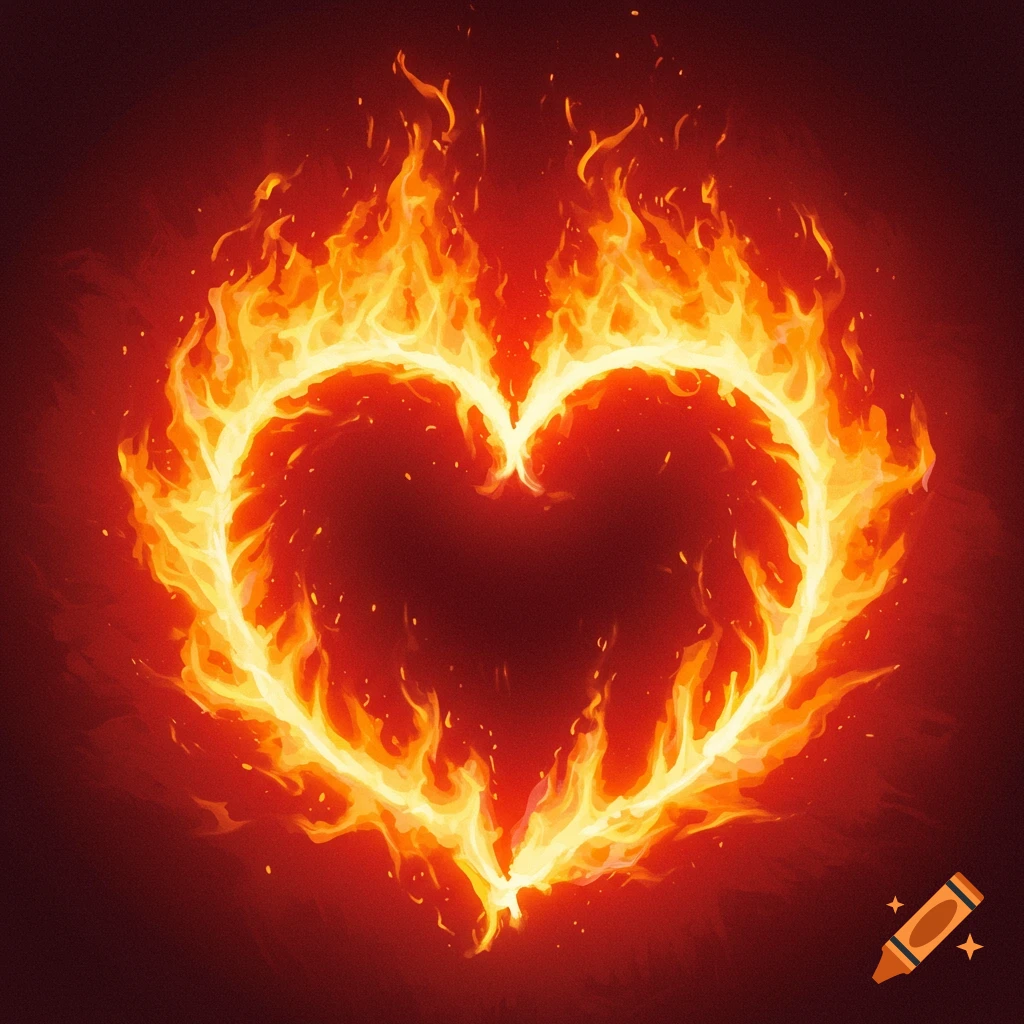 A stylized heart shape formed by bright orange and yellow flames against a dark red background.