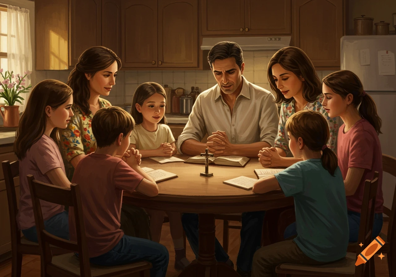 A family prays around a table with open books and a cross.