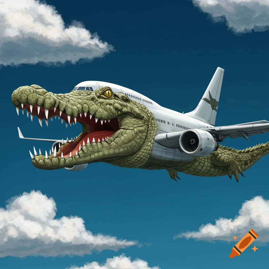A crocodile head and tail fused onto a passenger airplane flying through a cloudy blue sky.
