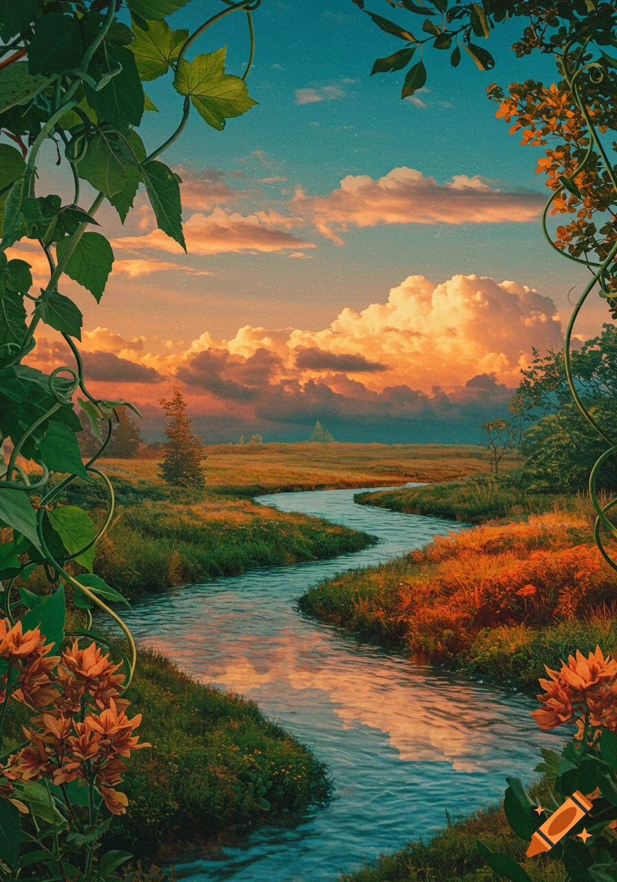 A scenic river flows through a grassy field framed by plants under a colorful sunset sky.