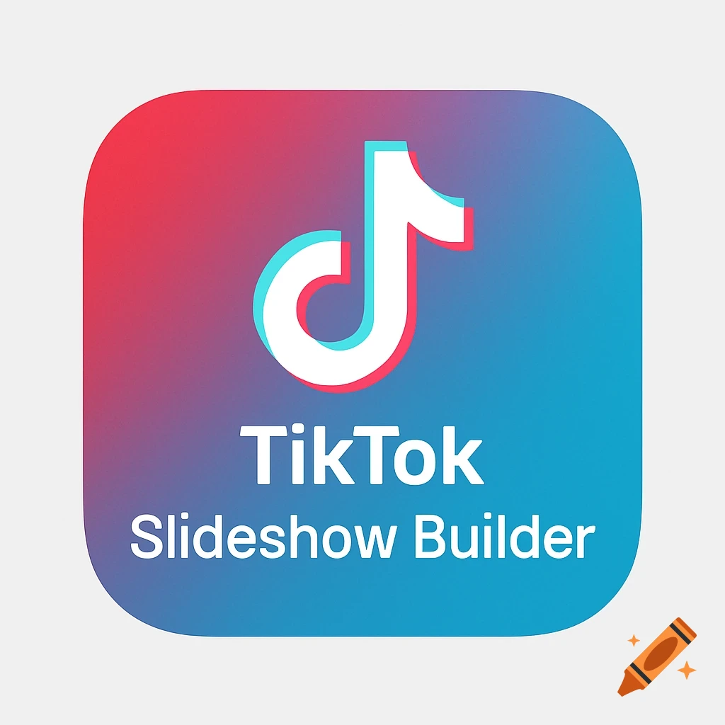 App icon with TikTok logo symbol and text 'TikTok Slideshow Builder' on a red and blue gradient background.