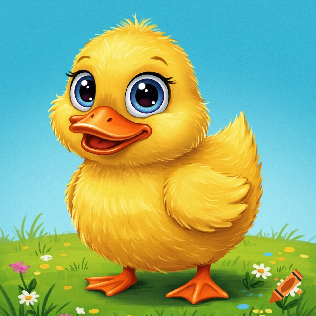 A cheerful cartoon yellow duckling on a grassy hill with flowers, illustration.