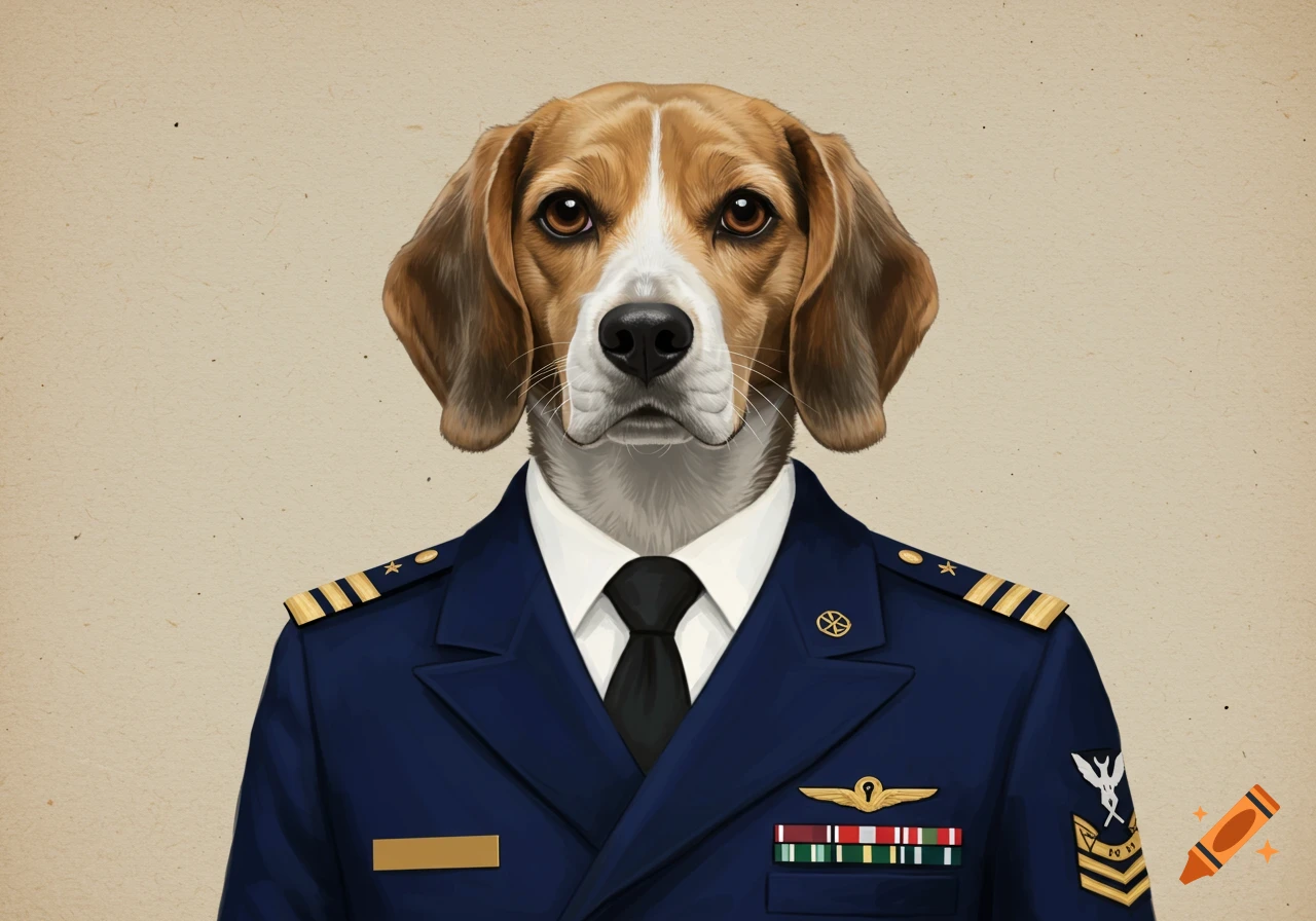 A beagle dog wearing a navy dress blue uniform.