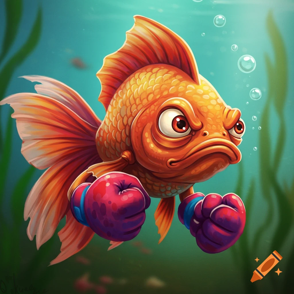 A cartoon goldfish wearing red boxing gloves underwater, ready to fight.
