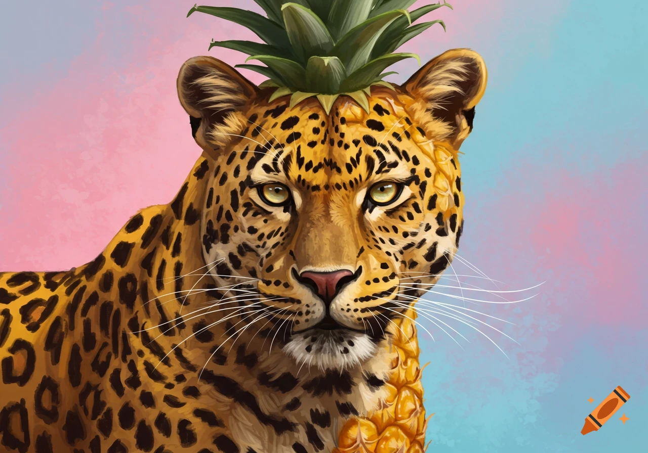A close-up digital painting of a leopard's head and shoulders with a pineapple crown, against a split pink and blue background.