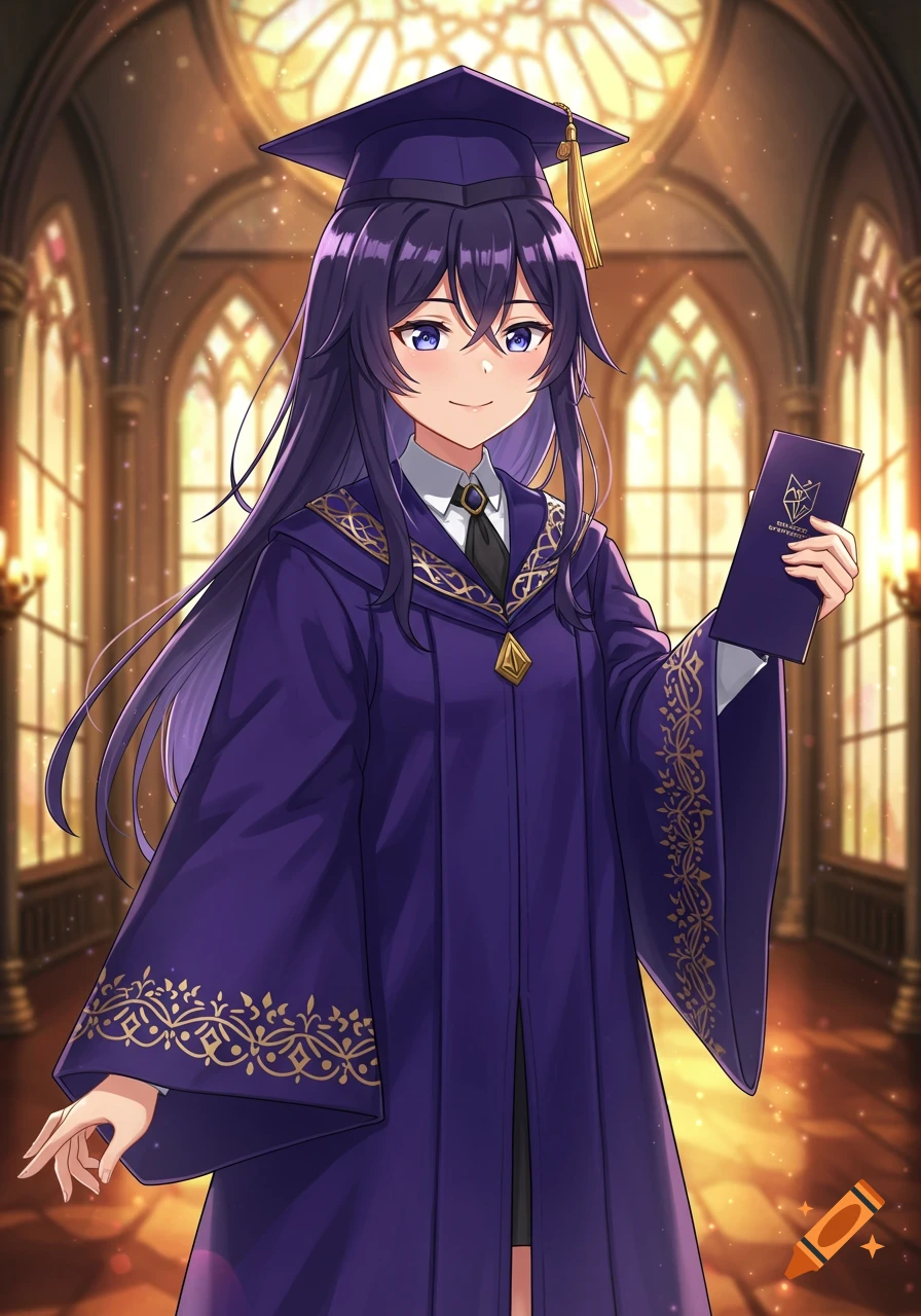 An anime character in a purple graduation gown and cap holds a diploma in a grand hall.