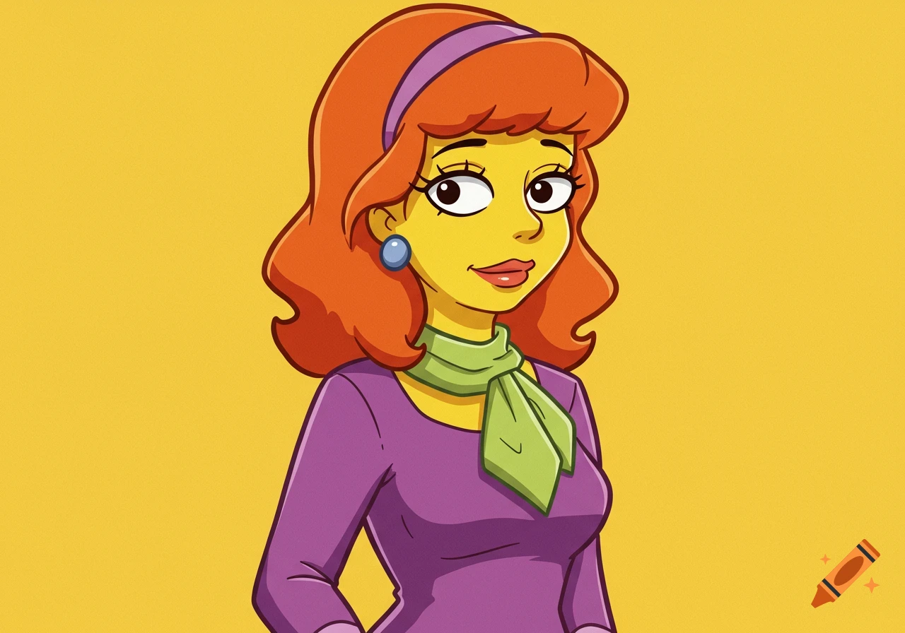 Daphne from Scooby-Doo drawn in the style of The Simpsons against a yellow background.