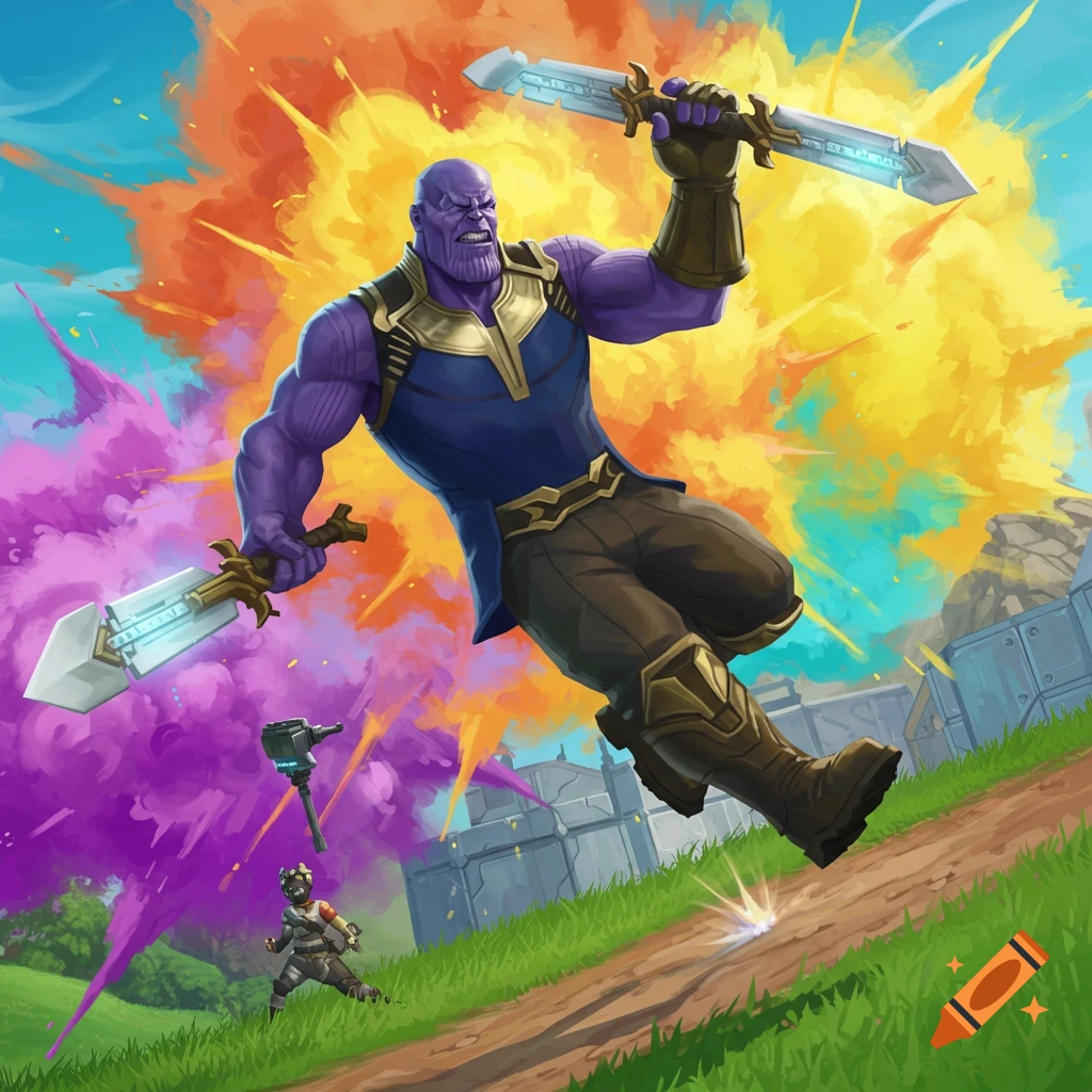 Thanos in Fortnite wielding twin swords during a colorful explosion, with another character in the foreground.