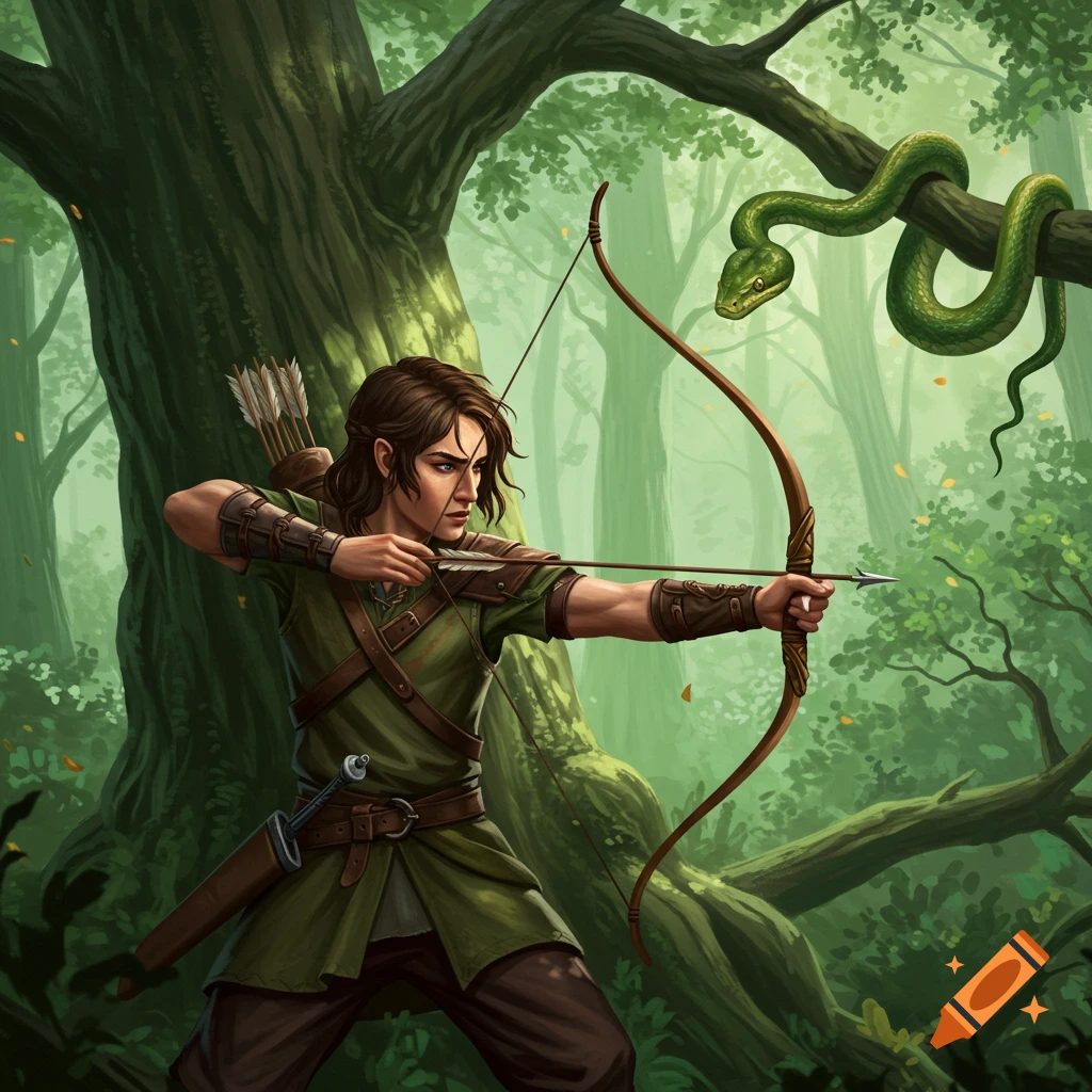 An archer aims a bow and arrow at a green snake coiled on a tree branch in a forest.