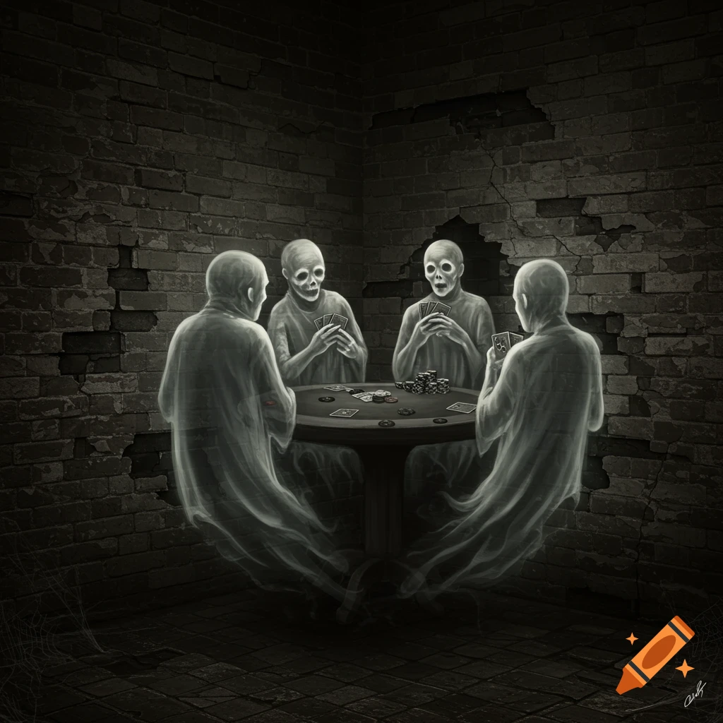 Four spooky ghosts with skull heads play poker in a dark, brick room, dark fantasy illustration.
