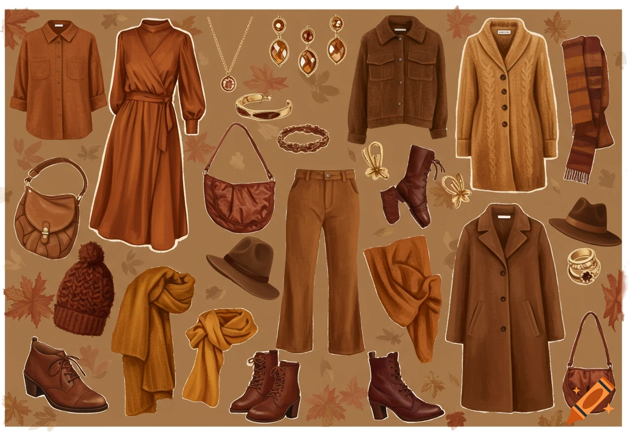 Autumn wardrobe collection including dresses, coats, jackets, pants, scarves, hats, bags, shoes, and jewelry in warm tones