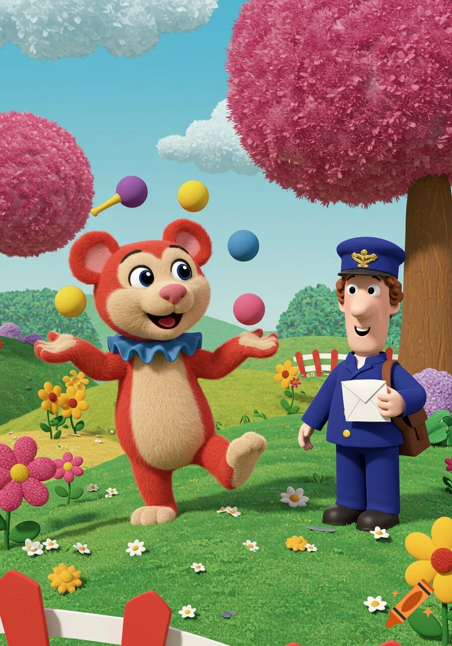 A cartoon red bear juggles colourful balls next to Postman Pat in a grassy field.