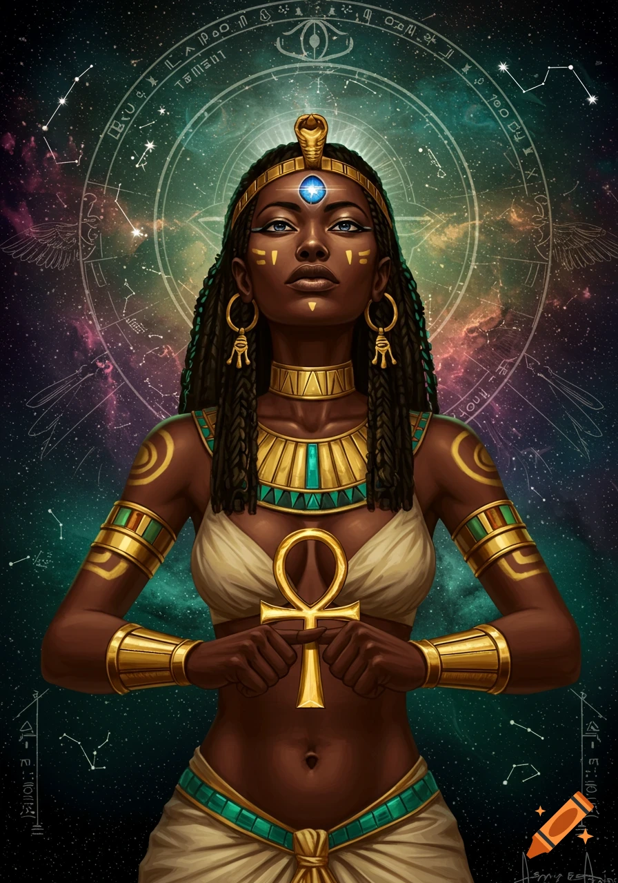 Egyptian goddess holding an ankh against a cosmic background with zodiac symbols.
