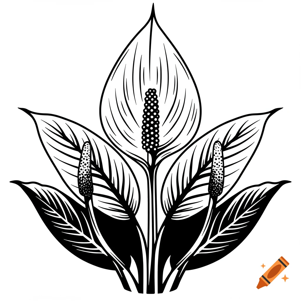 Black and white vector line drawing of a Spathiphyllum plant with multiple blooms.