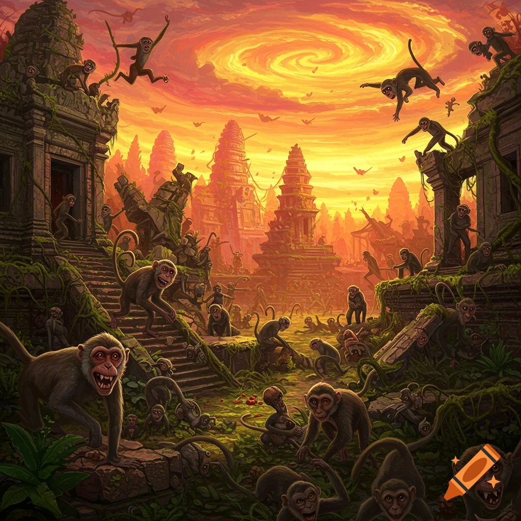 Many monkeys swarm ancient ruins under a swirling orange sky, digital painting.