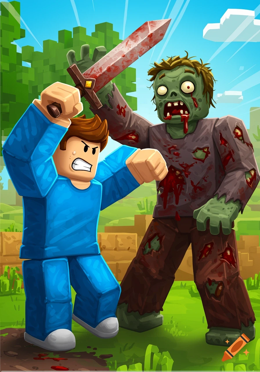 A blocky character fights a zombie with a bloody sword in a blocky world.