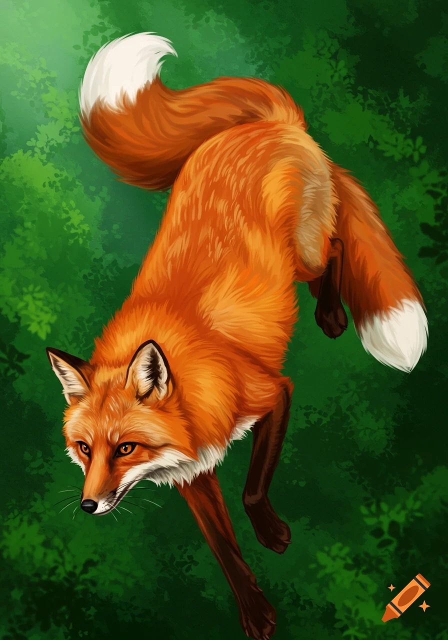 An orange fox leaps downward against a green, leafy background in an illustrative style.