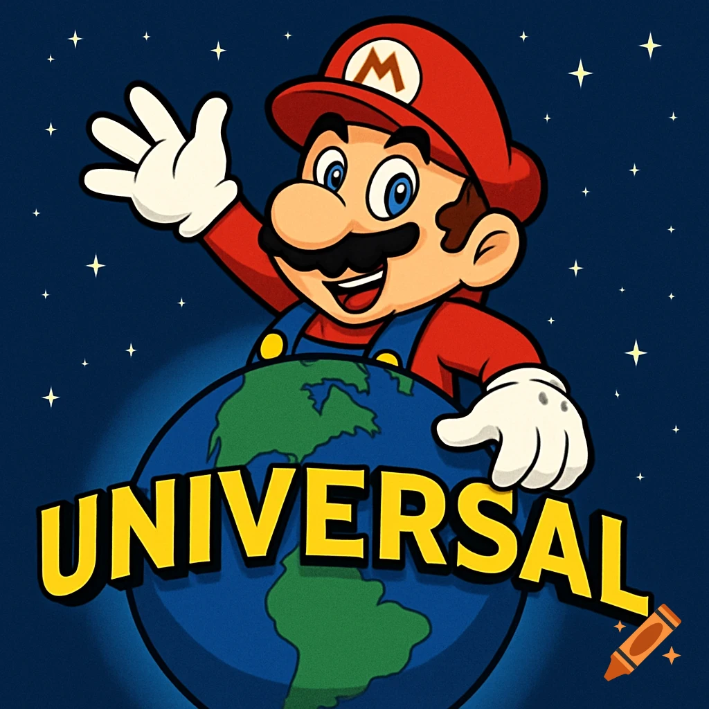 Cartoon Mario waving behind the Earth with 'UNIVERSAL' text on it.