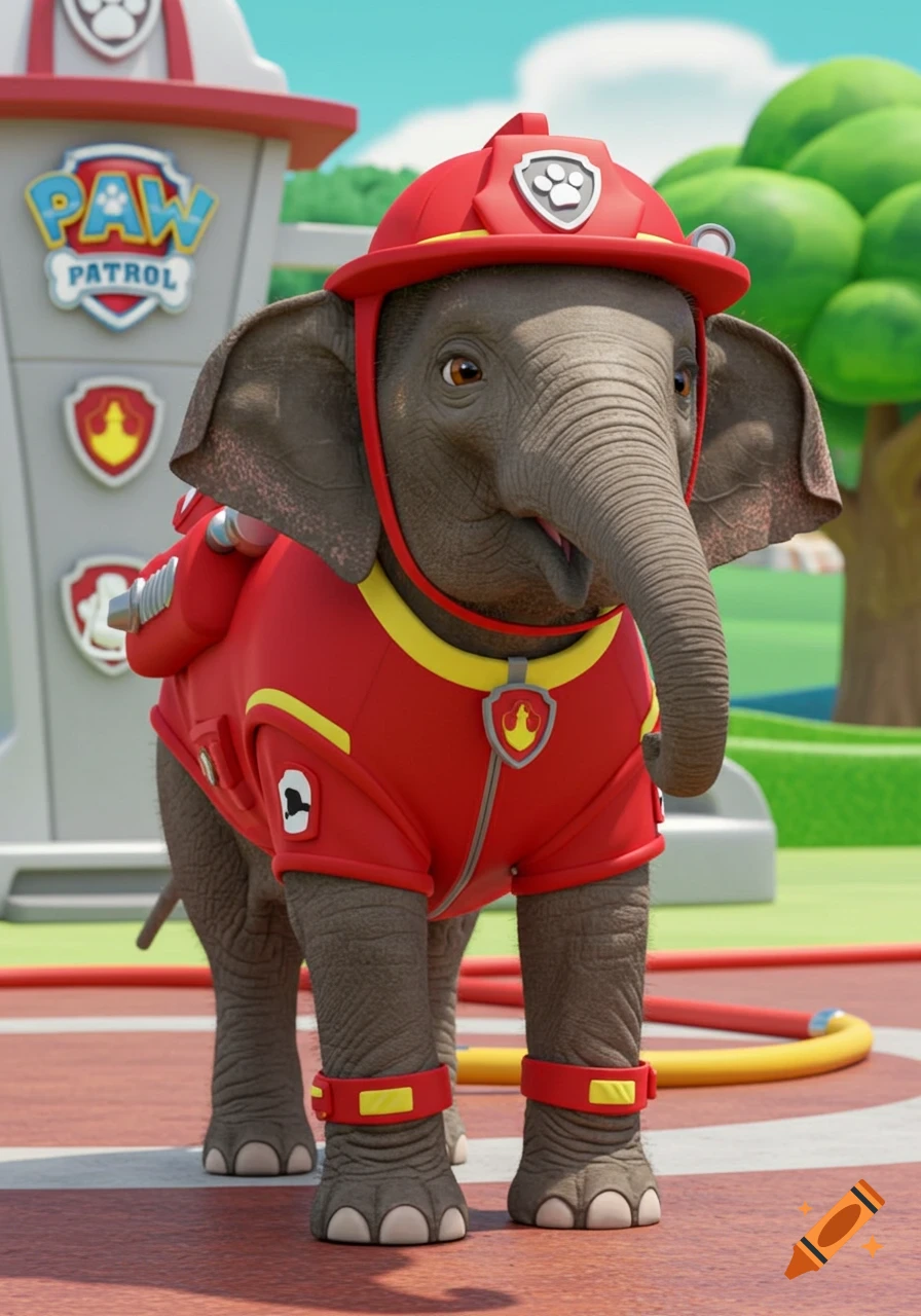 A CGI elephant dressed in a red Paw Patrol firefighter costume and helmet stands outside.