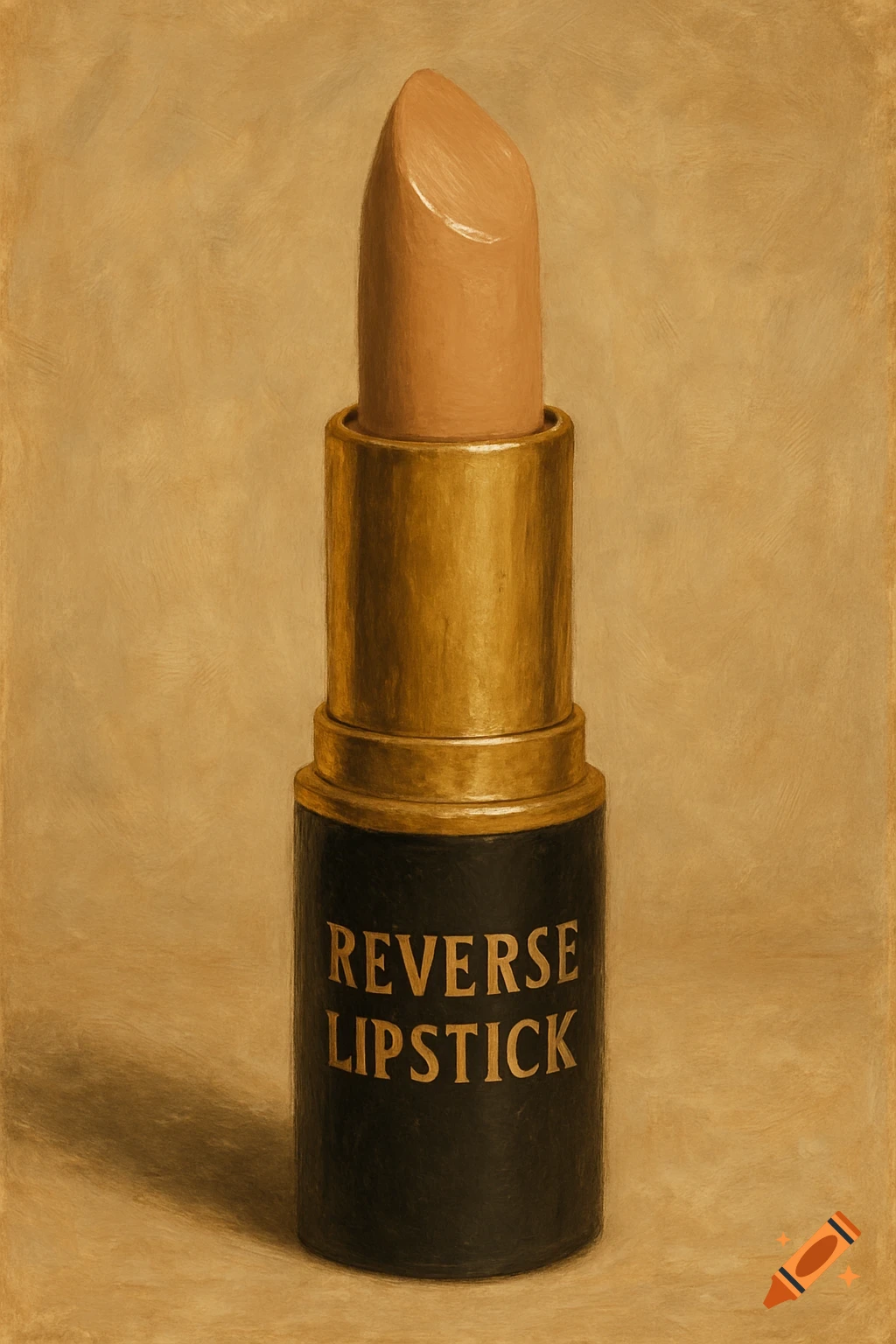 A beige lipstick with a black and gold tube labeled 'REVERSE LIPSTICK', in a painterly style.