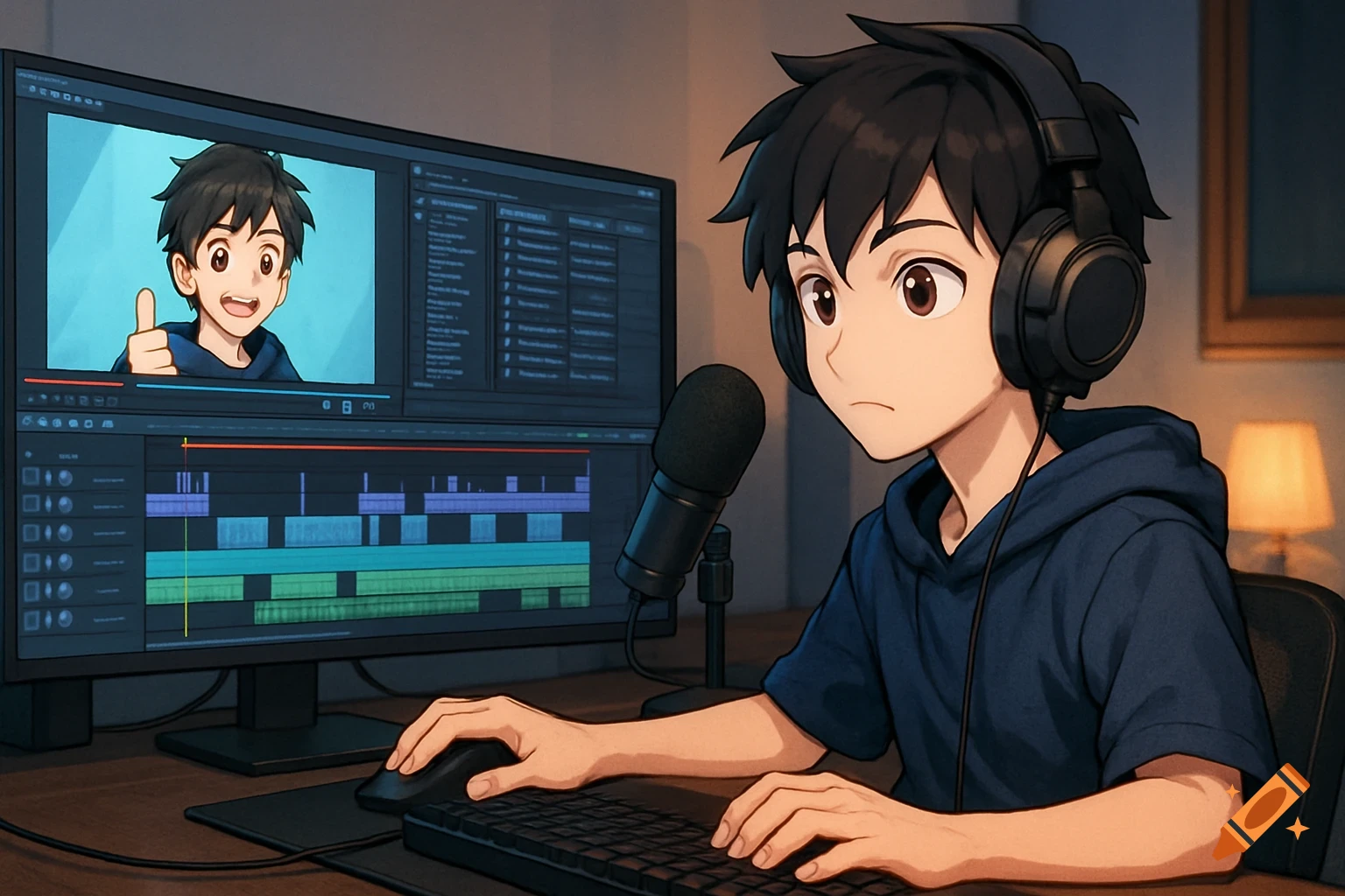 Anime boy in headphones editing a video on a computer with a large monitor and microphone, anime style.