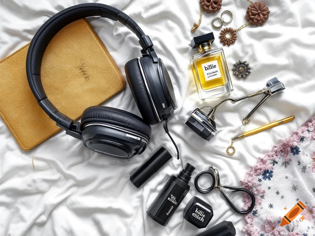 Flat lay photo of black headphones, a gold notebook, Billie Eilish perfume, eyelash curlers, jewelry, and makeup items on a white surface.