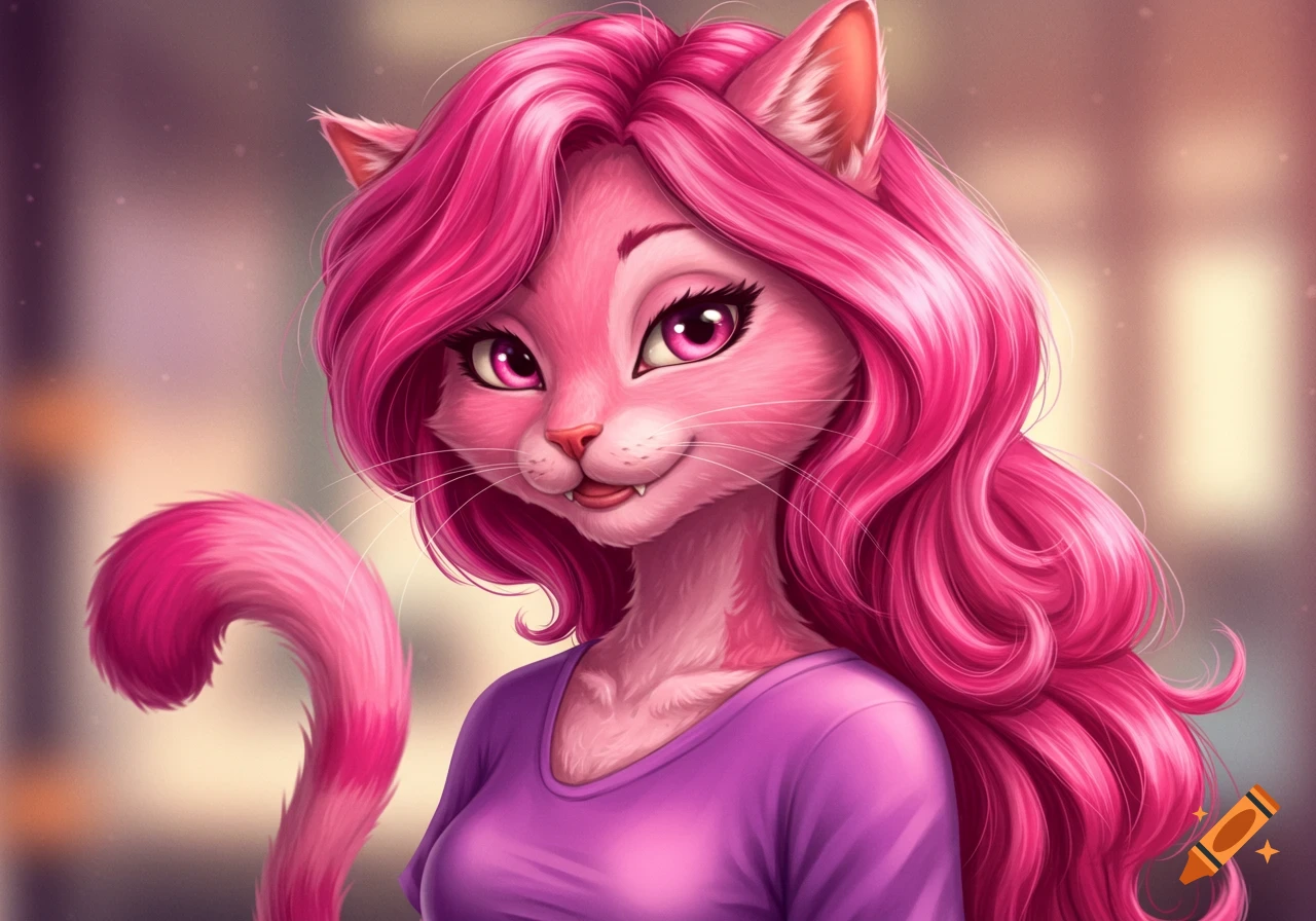 A pink anthropomorphic cat with long pink hair and tail, wearing a purple shirt, looking at the camera in an illustrative style.