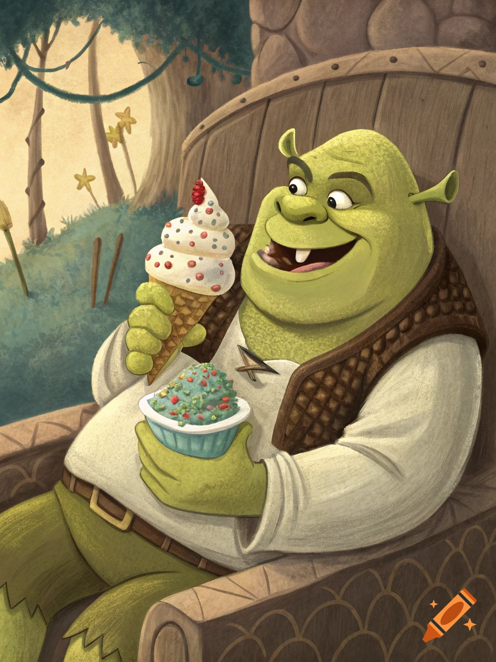 Shrek sits in a chair eating ice cream.