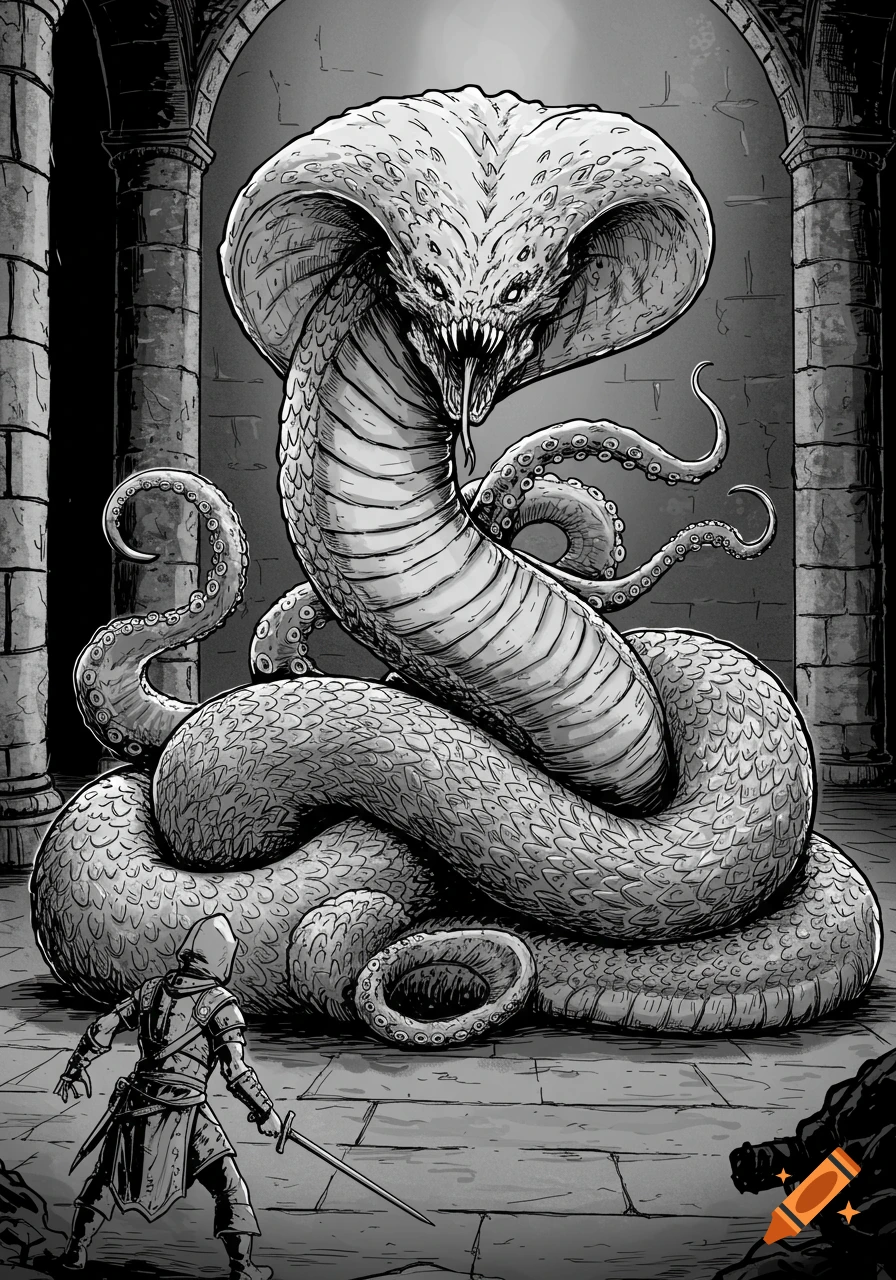 A knight faces a giant snake monster with tentacles in a dark dungeon, inked style.