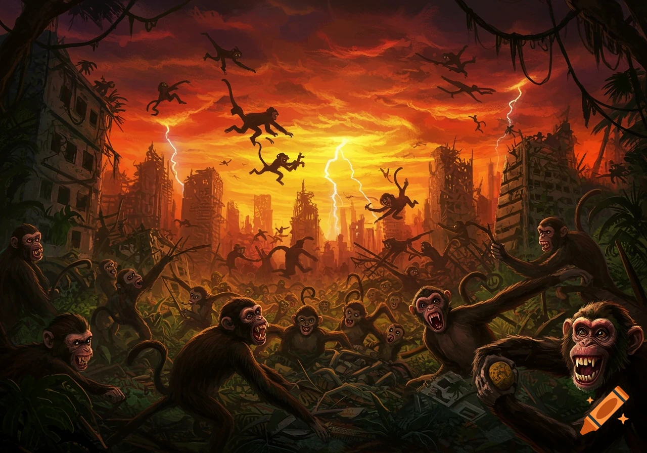 Angry monkeys swarm through a ruined city under a stormy, lightning-filled sky in a dark fantasy illustration.