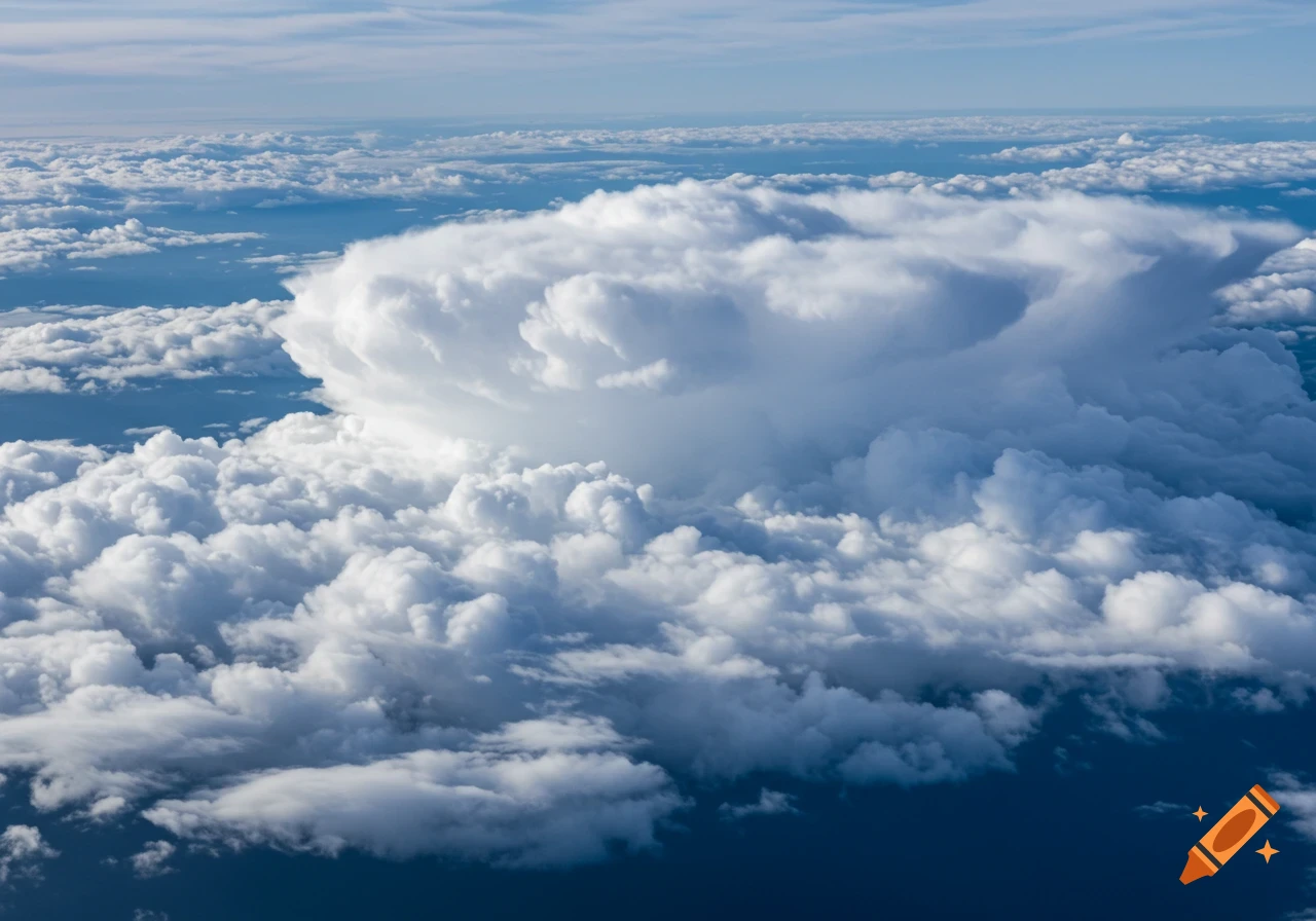 A large cumulus cloud towers over other clouds and the ocean below.