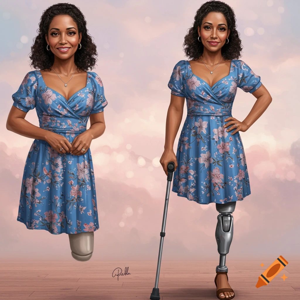 Illustration of a smiling woman with a prosthetic leg and a crutch, wearing a blue floral dress.