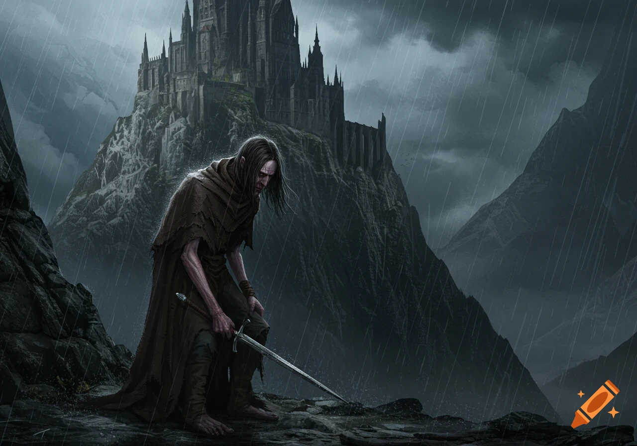 Dark fantasy figure with a sword in the rain near a mountain castle.