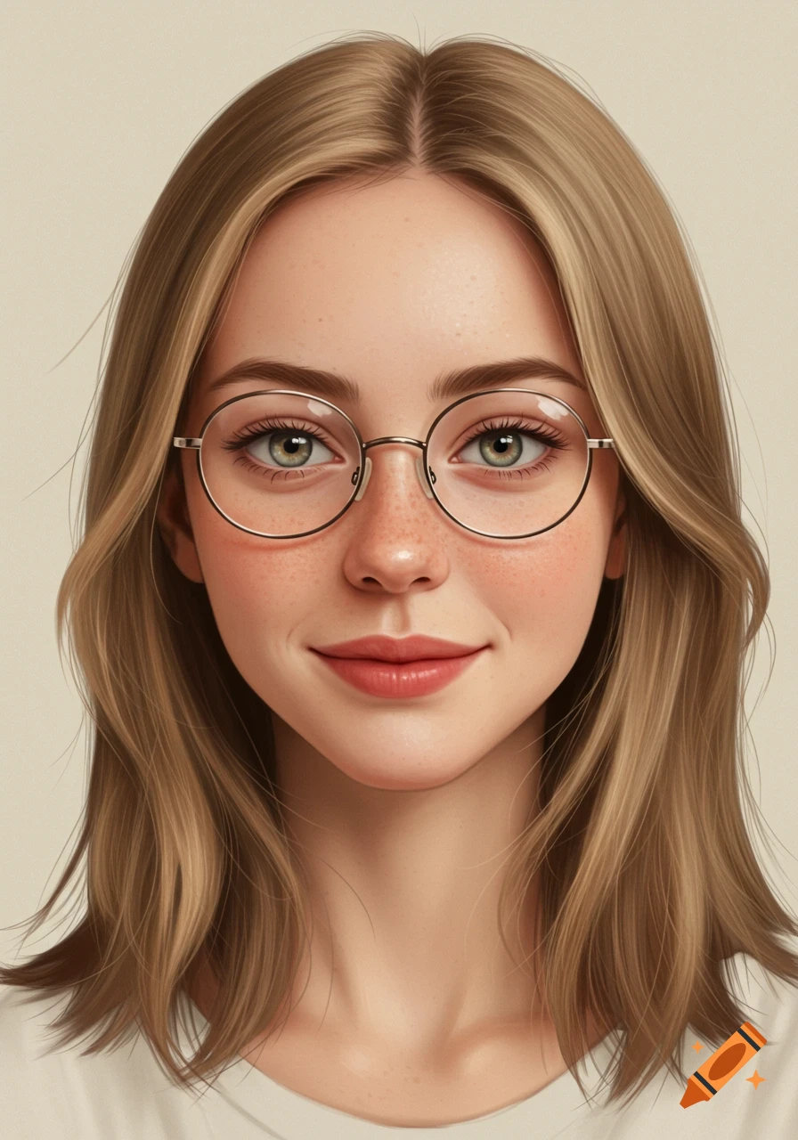 Realistic portrait of a young woman with brown hair, freckles, and round glasses, smiling.