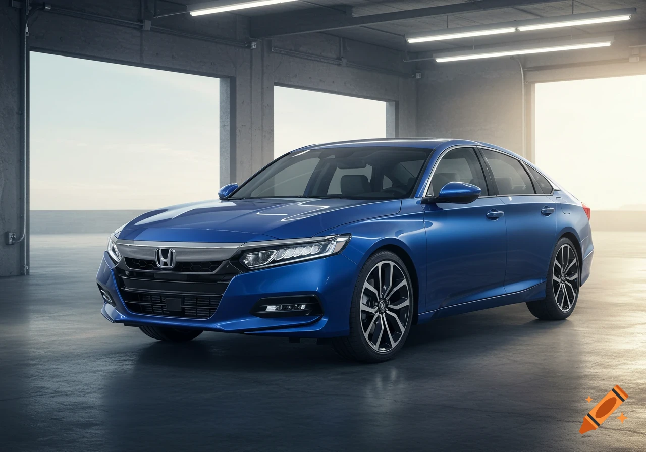 A blue Honda Accord sedan parked in a modern concrete building.