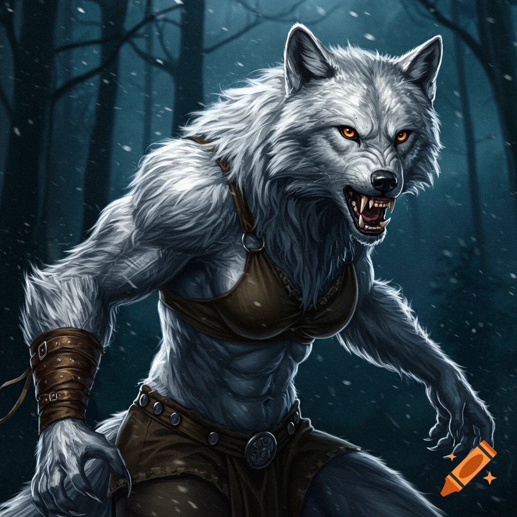 A powerful silver werewolf woman stands in a snowy forest, growling.