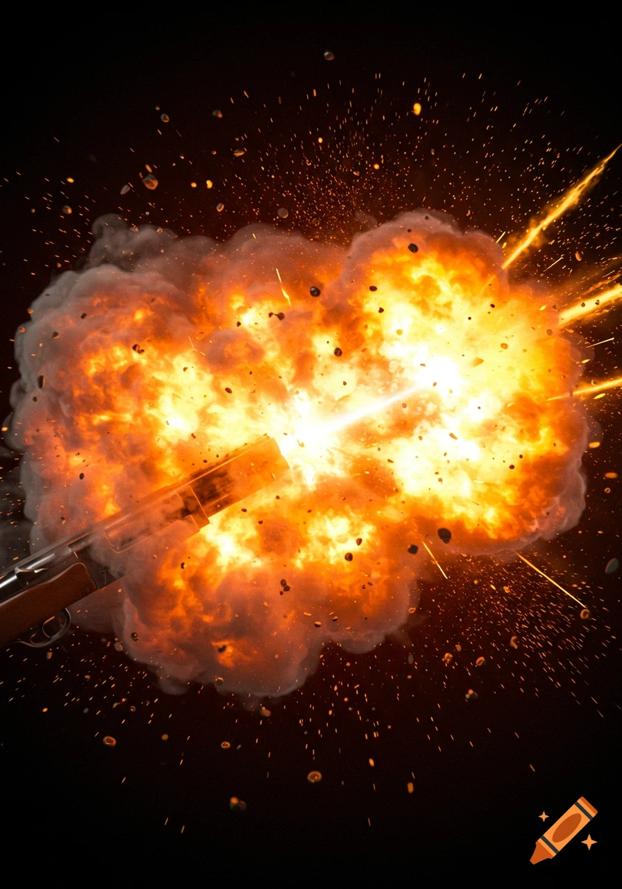 A shotgun fires, creating a large fiery explosion.
