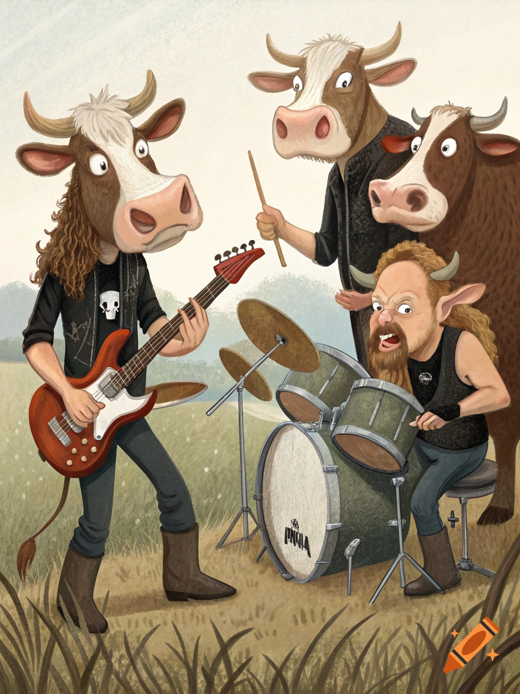 Illustration of a band with anthropomorphic cows and a horned human-like figure playing rock music in a field.
