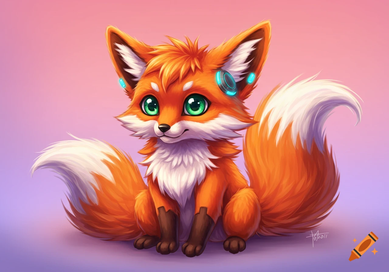 Cute cartoon cybernetic fox with orange fur and green eyes.
