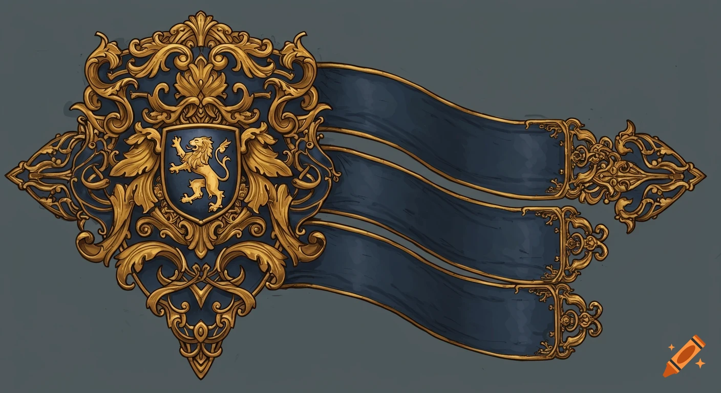 Detailed blue and gold banner with ornate baroque filigree and a crest featuring a lion rampant.
